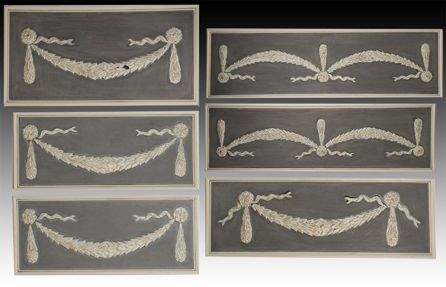 6 ARCHITECTURAL PANELS WITH GARLAND DECORATIONS: A six piece lot of decorative architectural panels in various sizes having applied tole draped garland and ribbon decorations. Ht: 25.5" Width: 86.5" largest