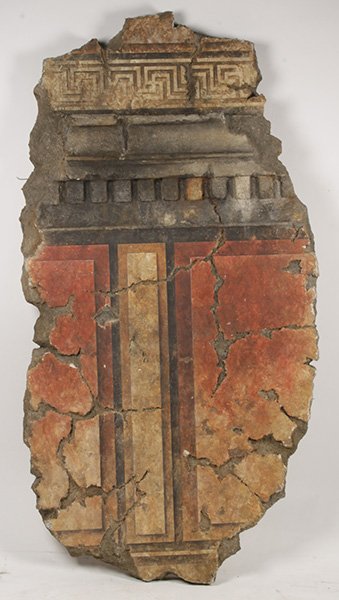 POMPEIAN STYLE ARCHITECTURAL WALL FRAGMENT: A composition Pompeian style architectural wall fragment having Greek key molding over painted panel walls. Ht: 78" Width: 42"