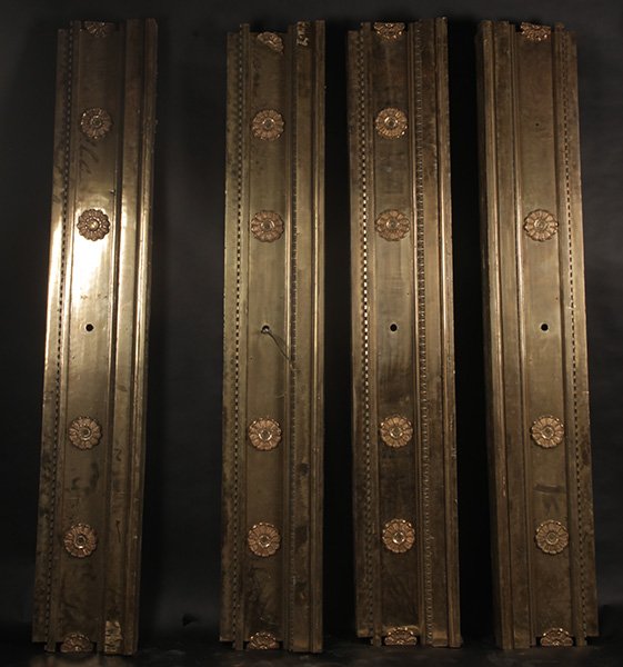 4 PIECES OF CAST BRONZE CROWN MOLDING W/ FRIEZE: Four pieces of cast bronze crown molding with cast rosettes along with a separate bronze frieze circa 1900. Ht: 17" Width: 72" (frieze), Width: 79" (each piece of molding)Ht: 13" Width: 32" Depth: 5"