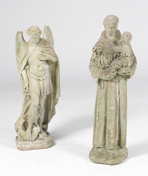 LOT 2 CAST STONE FIGURES ST. GEORGE S. FRANCIS: A lot of two cast stone figures including St. George and possibly St. Francis. Ht: 24" Width: 8" Depth: 7.5"
