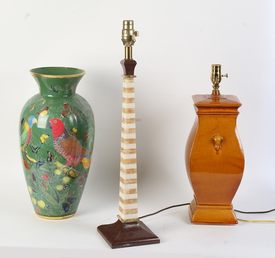 3 PC LOT- ASIAN LAMP ALABASTER LAMP + GLASS VASE: Three piece lot featuring an Asian style square ceramic lamp, a modern style alabaster and onyx obelisk form lamp, and a decoupage glass vase. Asian style lamp: 20" Obelisk form lamp: 26" Glass vase: