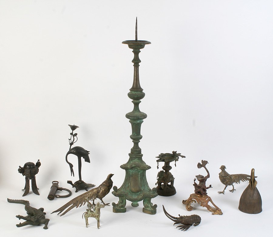 LOT OF 12 VINTAGE BRONZE ASIAN CONTINTENTAL ITEMS: Twelve piece vintage bronze lot. A mix of Asian and continental figural items. Ht: 30" (candle stick) Ht: 11" (crane on turtke candlestick)