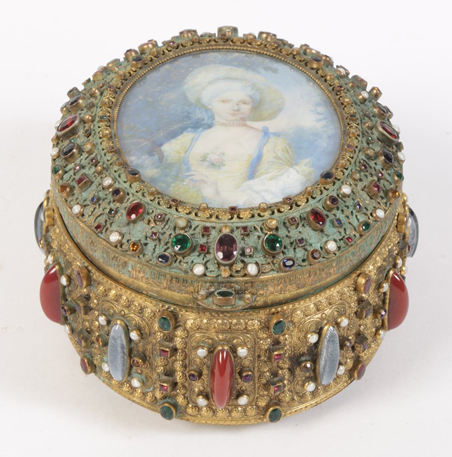 FRENCH GEM ENCRUSTED BRONZE DRESSER BOX C.1900: French gem encrusted and velvet lined bronze dresser box with a hand painted portrait of an eighteenth Century lady in the lid circa 1900. Ht: 3" Width: 5" Depth: 6"