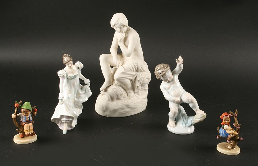 5 PC CERAMIC FIGURINE LOT ROYAL DOULTON HUMMEL: A five piece ceramic figurine lot consisting of a sweet Parian maiden, a Royal Doulton "Minuet", a Herend playing boy and two Hummels. Parian maiden: 10.5" Royal Doulton: 7.5" Herend: 7.5" Hummels: 4"