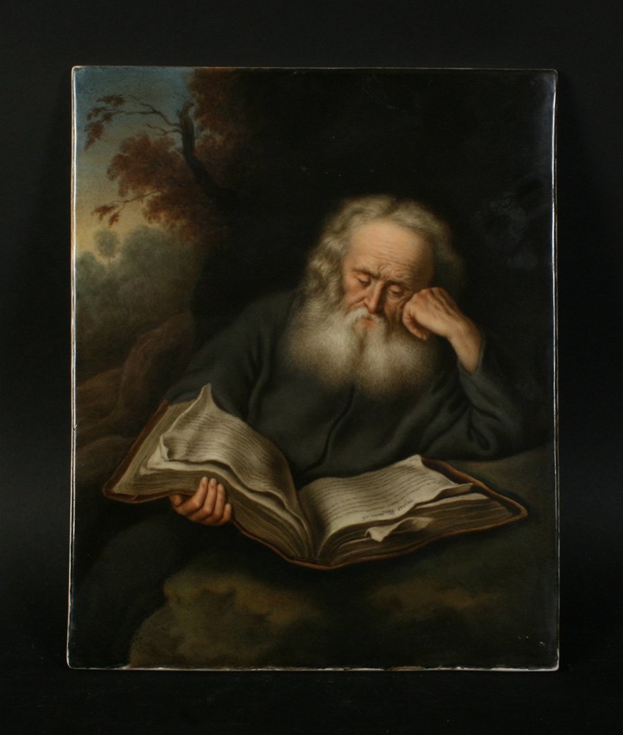 SIGNED 19TH C. K.P.M. HAND PAINTED PORCELAIN: A signed nineteenth Century K.P.M. hand painted porcelain plaque depicting a scholar reading, set in landscape. Ht: 12.375" Width: 10" (unframed)