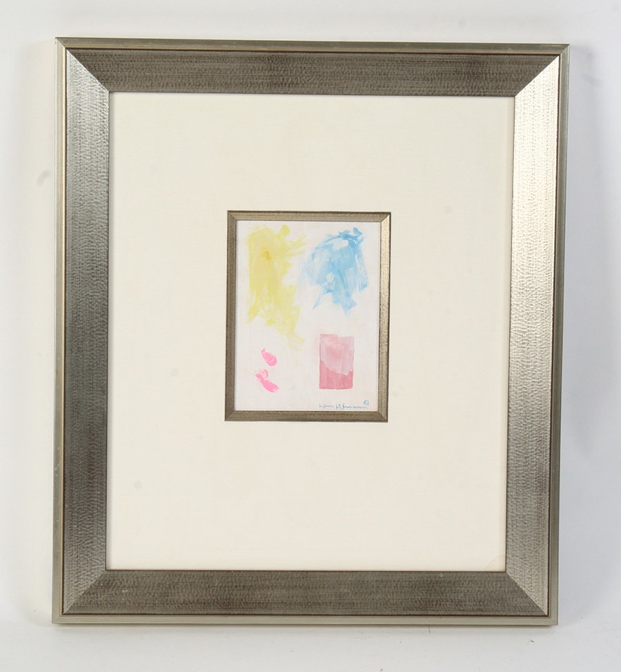 HANS HOFMANN "MORNING MIST" GOUACHE SIGNED 1965: Hans Hofmann (American, 1880-1966) "Morning Mist" gouache on paper, signed lower right Hans Hofmann, 1965. Bill of sale en verso. Ht: 5.5" Width: 4.25" (image size) Ht: 17.75" Width: 15" (framed)