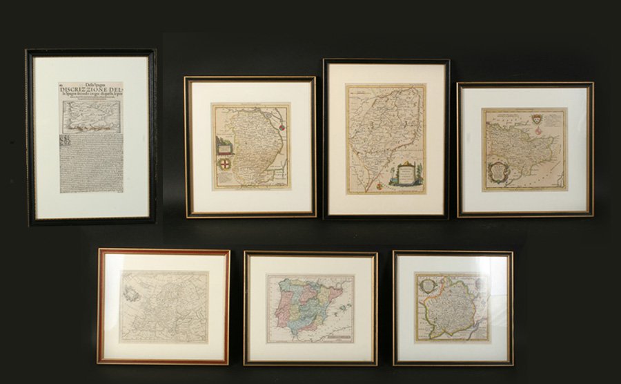 LOT OF 7 ARTWORKS ANTIQUE COLORED MAPS SPANISH: A lot of seven works of art including six antique colored maps and one Spanish descriptive map. Ht: 13.5" Width: 12.5"(largest framed size)