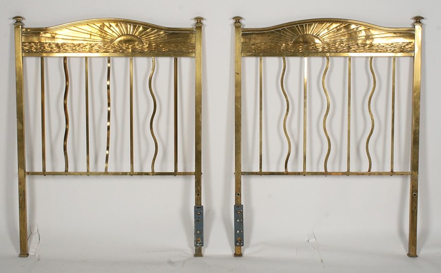 2 ART DECO BRASS HEADBOARDS SUN OCEAN C.1930: Two Art Deco brass headboards having motif of sun rising above ocean circa 1930. Ht: 52" Width: 40" Depth: 20.5"