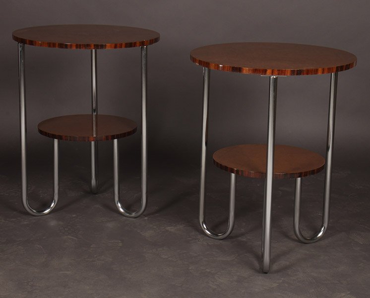 PAIR OF ART DECO STYLE WALNUT MACASSAR GUERIDONS: A pair of Art Deco style burled walnut and macassar gueridons having lower tier shelf and chrome legs. Ht: 28" Dia: 22"