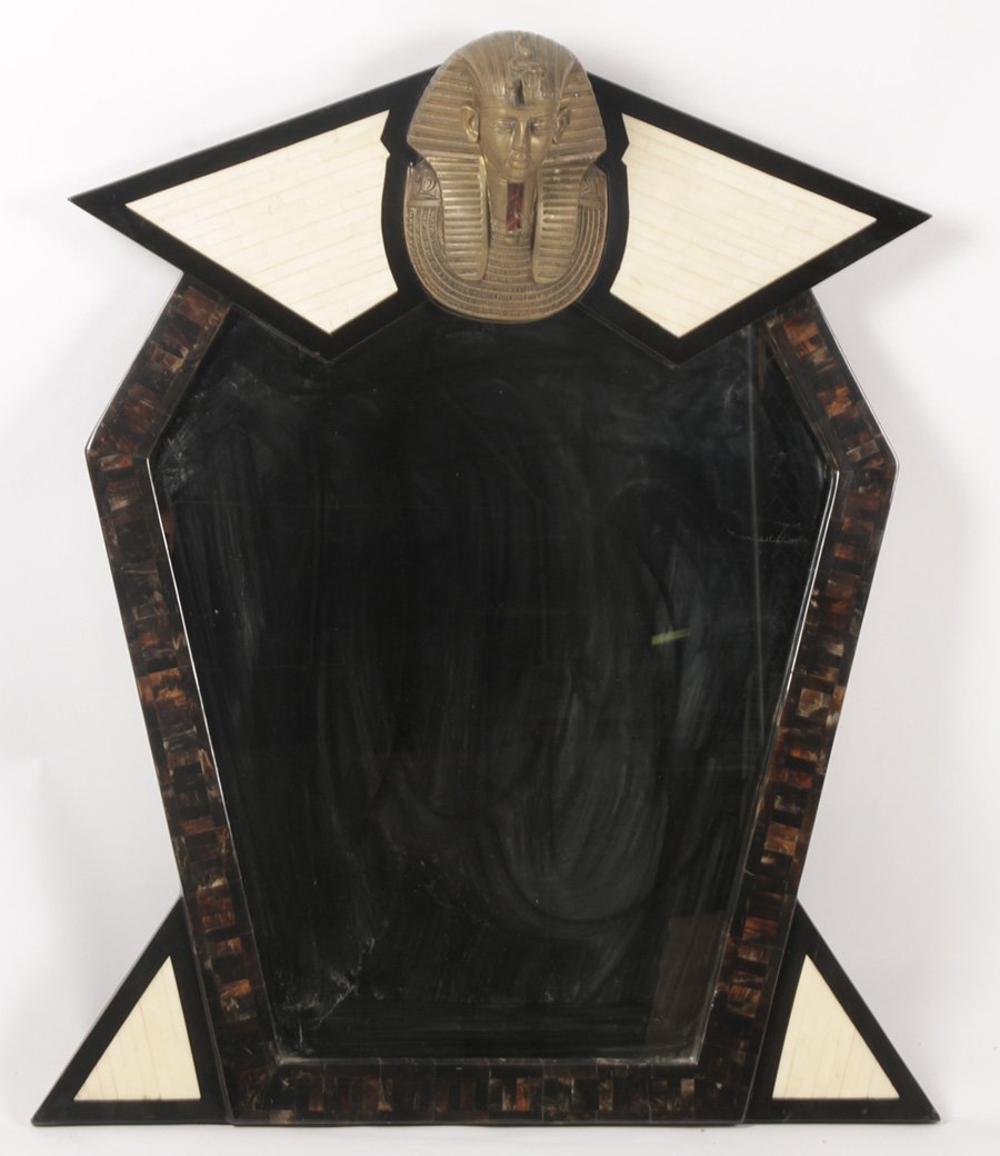 EGYPTIAN REVIVAL HORN INLAID BRONZE MOUNT MIRROR: An Egyptian Revival horn inlaid and bronze mounted mirror. Ht: 48" Width: 36"