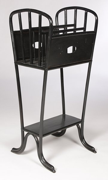 LABELED THONET MUSIC STAND 1 SHELF 1910: A labeled 'Thonet' music stand having slotted top over lower tier shelf circa 1910. Ht: 42" Width: 18" Depth: 18"