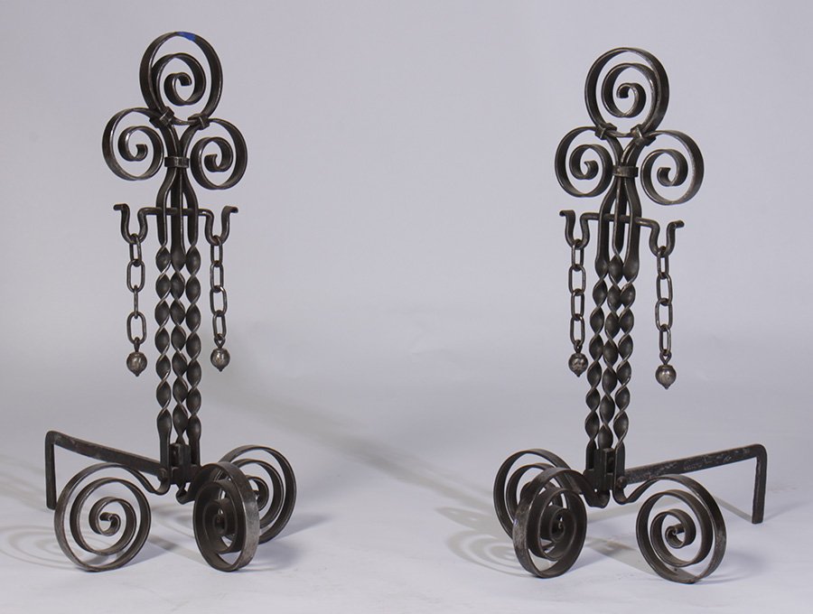 PAIR DECO WROUGHT IRON ANDIRONS SCROLLING 1930: A pair of Art Deco wrought iron andirons having scrolling and twisted decoration circa 1930. Ht: 33" Width: 17" Depth: 27"