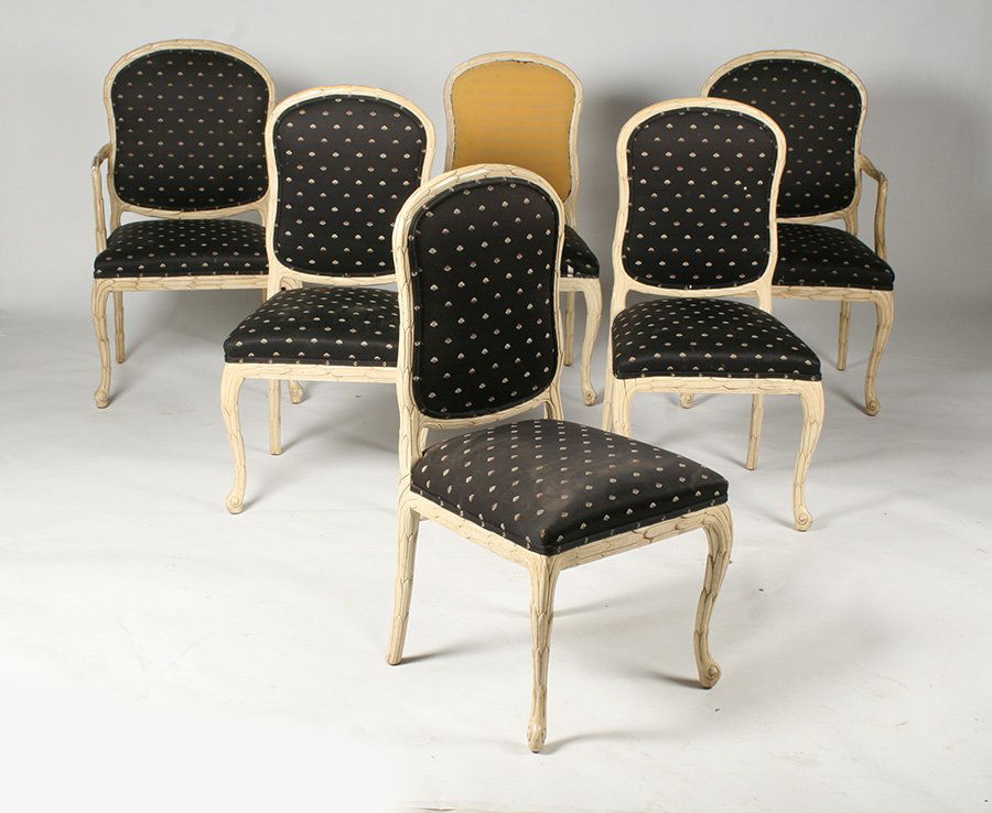 6 DINING CHAIRS MANNER OF SERGE ROCHE CARVED: Six carved and painted dining chairs in the manner of Serge Roche including two arm chairs and four side chairs. Ht: 40" Width: 23" Depth: 18"