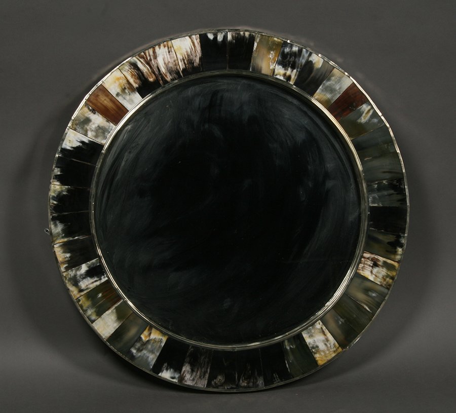 KARL SPRINGER STYLE BONE MIRROR METAL TRIM: A Karl Springer style bone mirror having metal trim. Dia: 31.5"