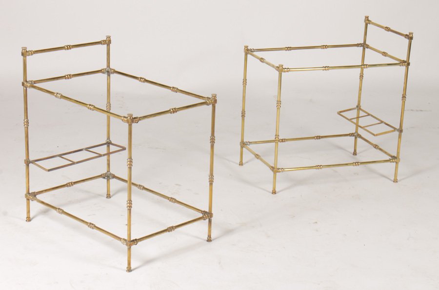 PR BRASS FAUX BAMBOO 2 TIER BAR CARTS 1960: A pair of brass faux bamboo two tier bar carts with handles and bottle holders circa 1960.Ht: 26.5" Width: 16" Depth: 23.5"ANDHt: 26" Width: 15.5" Depth: 23.5"