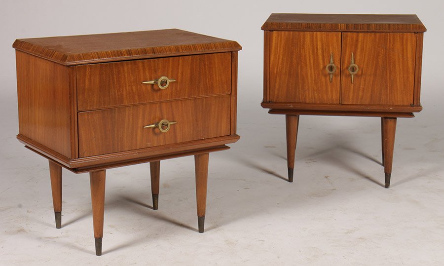 PR MID CENTURY MODERN END TABLES C. 1960: A pair of mid Century modern end tables, one having two doors, and the other two drawers all supported on turned legs circa 1960. Ensuite with the following lot. Ht: 22" Width: 21" Depth: 13"