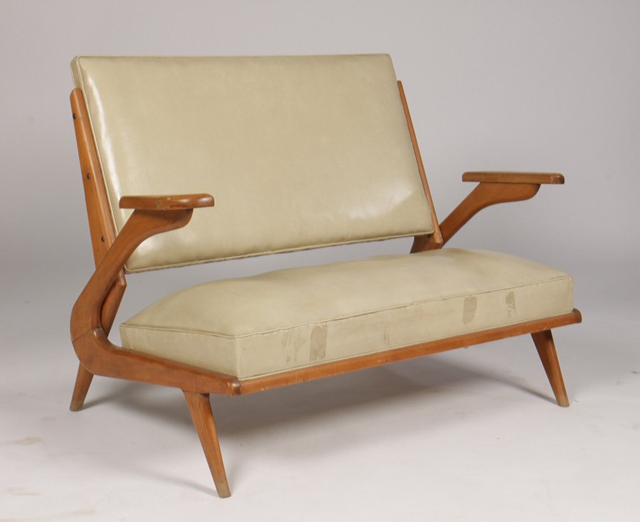 MODERN OPEN ARM SETTEE ANGLED ARM SUPPORTS 1950: A mid century modern open arm settee with angled arm supports circa 1950. Ensuite with the following lot. Ht: 35" Width: 49" Depth: 27"