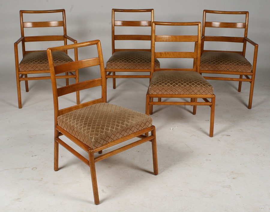 SET 5 ROBSJOHN GIBBINGS WIDDICOM CHAIRS 1950: A set of five Robsjohn Gibbings for Widdicomb dining chairs consisting of a pair of open arm chairs along with three side chairs circa 1950. Arm chairs measure: Ht: 33.5" Width: 23.5" Depth: 23" Ht: 3