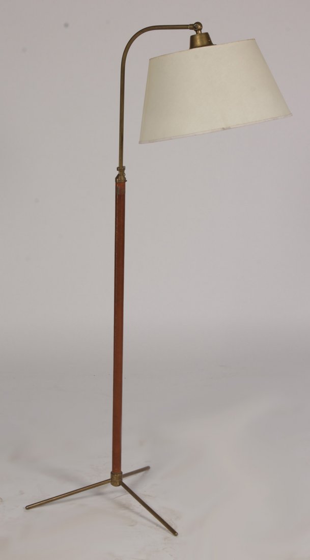 JACQUES ADNET STYLE LEATHER FLOOR LAMP C.1970: A Jacques Adnet style leather wrapped floor lamp with tripod base circa 1970. Ht: 61"