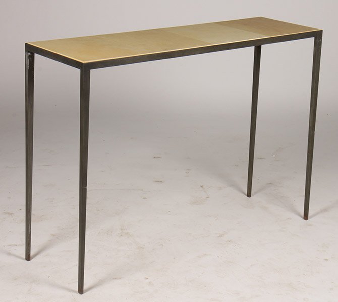 JEAN-MICHEL FRANK STYLE PARCHMEN IRON TABLE: A Jean-Michel Frank style parchment and iron console table. Ht: 33" Width: 47.5" Depth: 14.5"