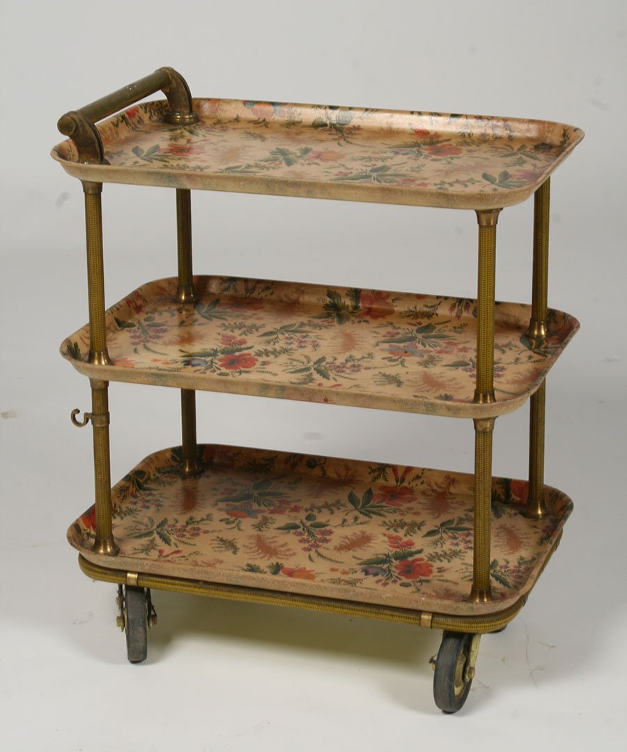 WHIMSICAL BRONZE PLASTIC HOSE 3 TIER CART 1960: A whimsical bronze, plastic and hose three tiered garden party cart circa 1960. Ht: 27" Width: 16" Depth: 24"