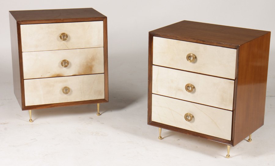 PR ITALIAN 3 DRAWER PARCHMENT GIO PONTI COMMODES: A pair of Italian three drawer parchment and walnut petite commodes with bronze handles and feet in the manner of Gio Ponti.Ht: 25" Width: 21" Depth: 9"