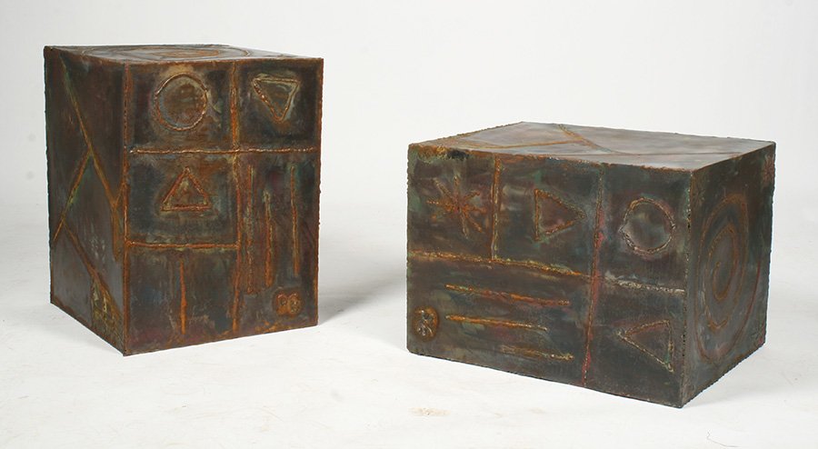 PR PAUL EVANS STYLE METAL CUBE FORM END TABLES: A pair of Paul Evans style metal cube form end tables having welded decoration.