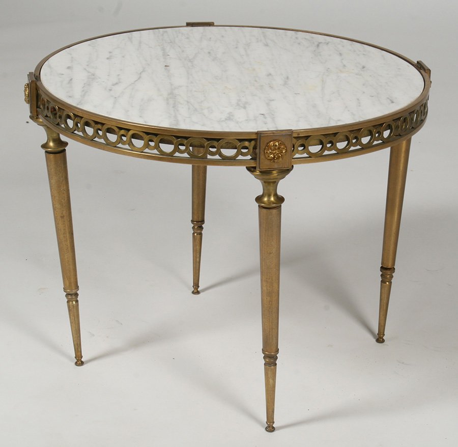 BRONZE NEOCLASSICAL MARBLE TOP OCCASIONAL TABLE: A stylish cast bronze Neoclassical marble top occasional table circa 1940. Ht: 19" Width: 24" Depth: 24"