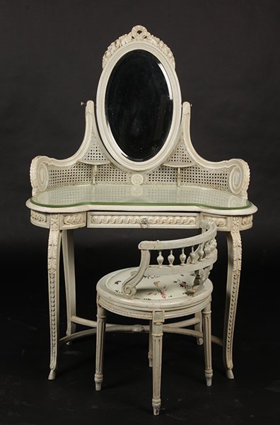 L. 15 PAINTED MIRORED CANED VANITY BENCH 1920: A Louis XV style painted, mirrored, and caned vanity and bench circa 1920. Ht: 59" Width: 39" Depth: 19"
