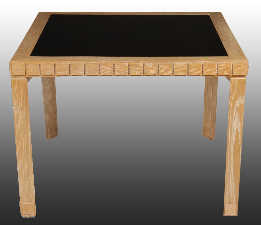 CERUSED OAK GAMES TABLE MANNER JAMES MONT C.1950: A cerused oak and smoked mirror games table in the manner of James Mont circa 1950. Ht: 28" Width: 38" Depth: 38"