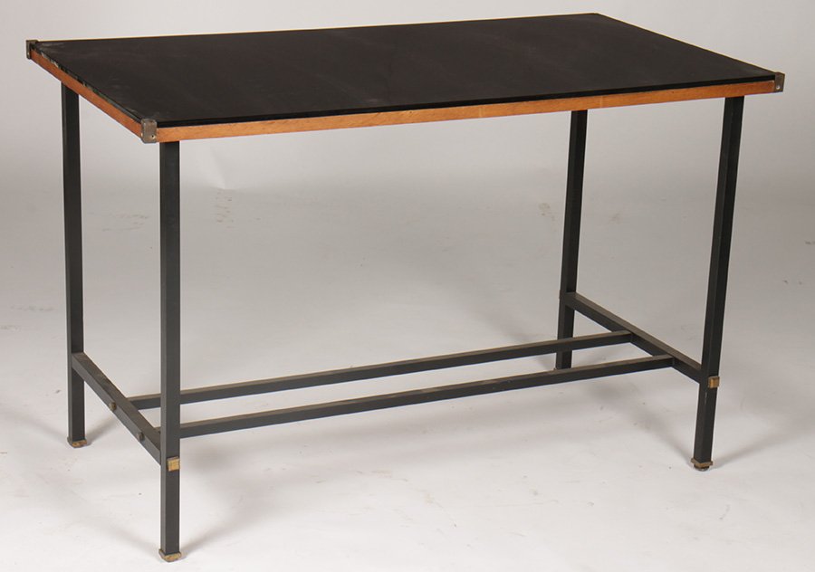 FRENCH MODERN IRON TABLE BLACK GLASS TOP 1960: A French mid century modern iron table in the manner of Jacque Adnet having black glass top supported on straight legs circa 1960. Ht: 30" Width: 47" Depth: 25"