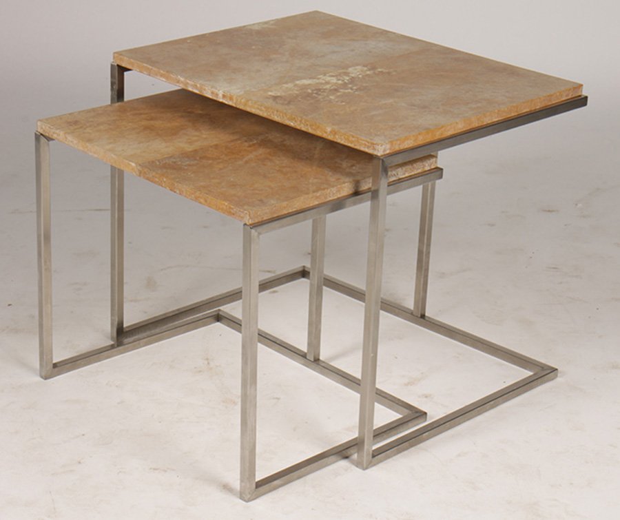 2 PC SET OF NESTING TABLES PARCHMENT TOP: A two piece set of nesting tables having parchment top and polished metal bases. Ht: 24" Width: 28" Depth: 23" (largest)