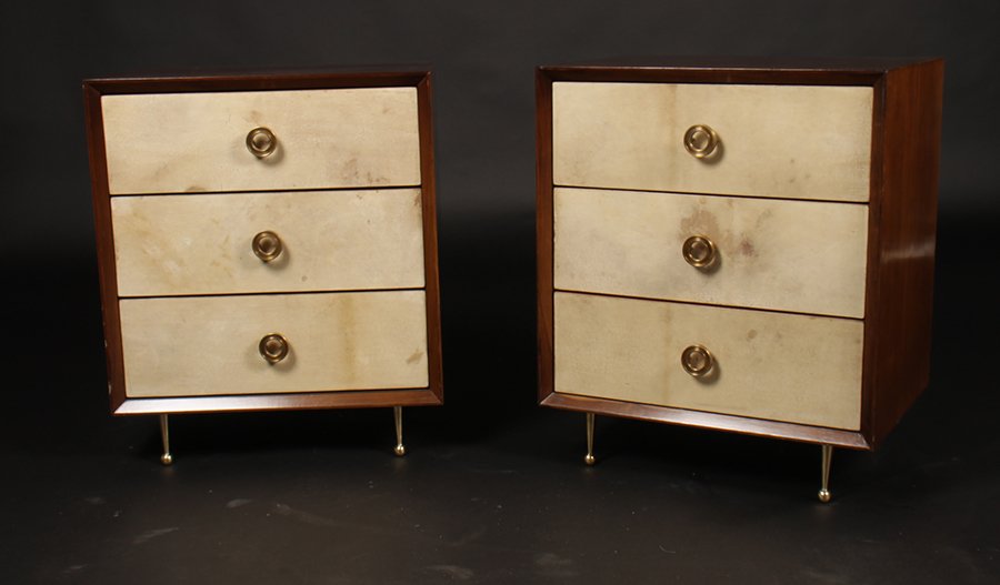 PR GIO PONTI STYLE MID CENTURY SIDE CABINETS 1960: Pair Gio Ponti style mid century modern side cabinets having three parchment front drawers and raised on bronze legs circa 1960. Ht: 26.5" Width: 27" Depth: 23.5"
