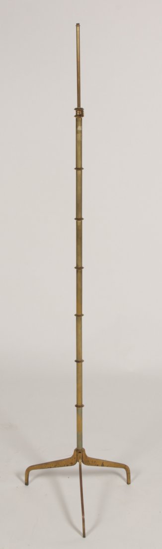 MODERN JACQUES ADNET BRONZE PLATE FLOOR LAMP 1950: A mid century modern Jacques Adnet style bronze plated floor lamp with faux bamboo standard and tripod base circa 1950. Ht: 62"