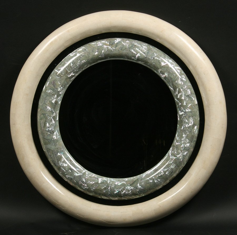 KARL SPRINGER STYLE TESSELLATED ROUND MIRROR: A Karl Springer style tessellated and mother of pearl round mirror. Dia: 36"