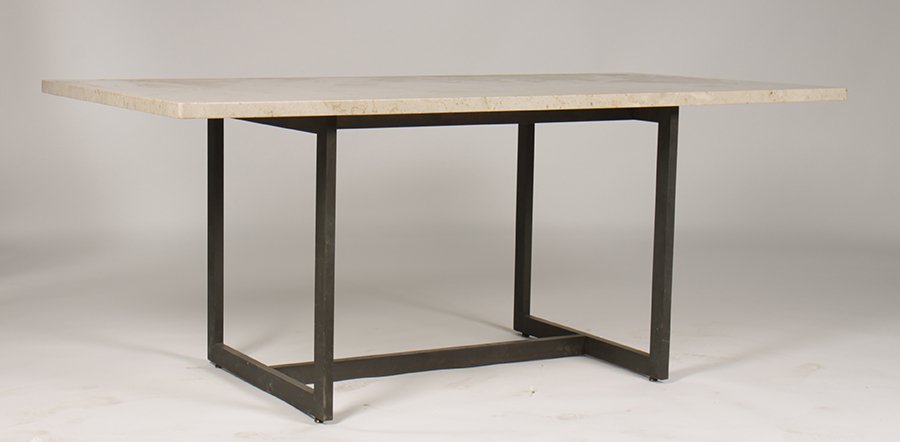 MODERN BRONZE WASHED IRON DINING TABLE 1970: A good mid century modern bronze washed iron dining table having travertine stone top supported by straight legs with cross stretcher circa 1970. Ht: 29" Width: 72" Depth: 36"