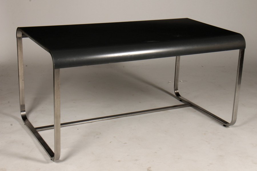 MODERN METAL DESK ROLLED EDGE SQUARE BASE: A mid century modern metal desk having rolled edge top supported on square stock metal base. Ht: 31" Width: 60" Depth: 34"