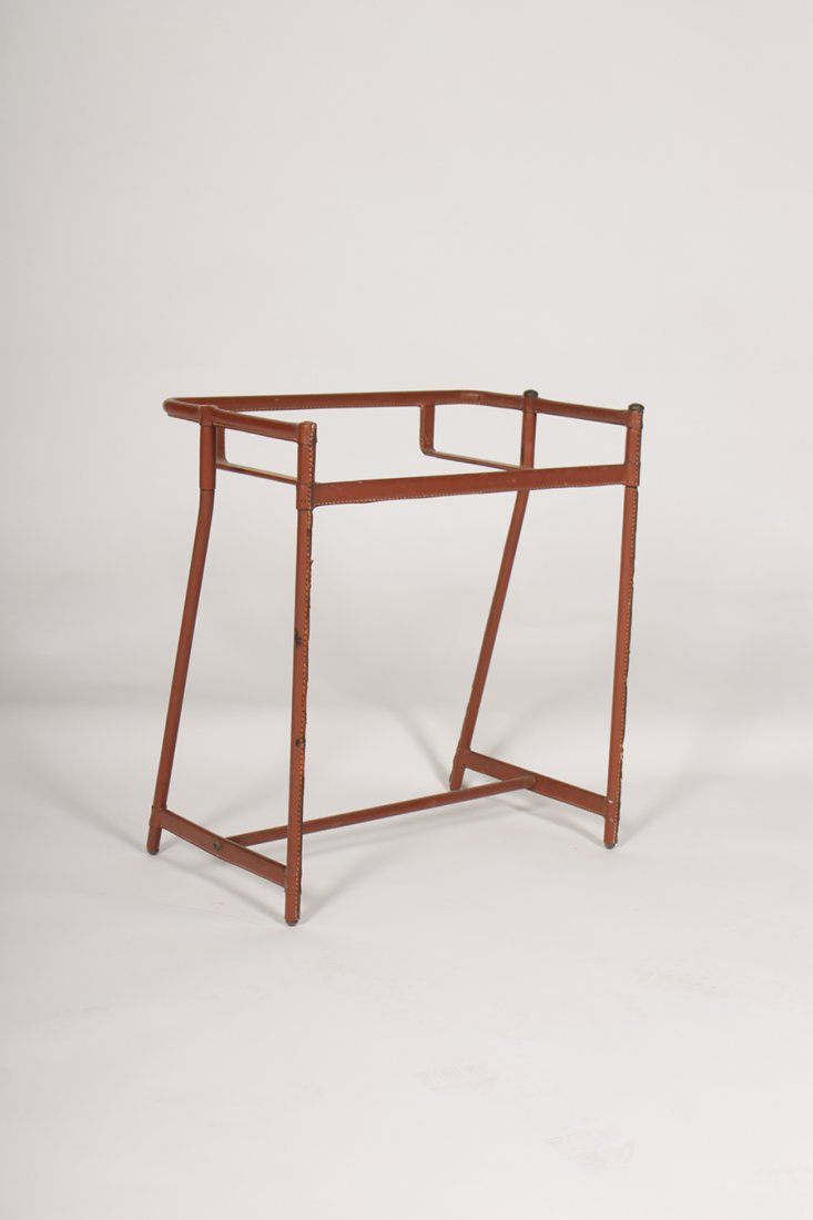 FRENCH LEATHER BAR CART JACQUES ADNET MANNER C.1950: A French stitched leather bar cart in the manner of Jacques Adnet circa 1950. Dimensions: Ht: 24" Width: 22" Depth: 13"
