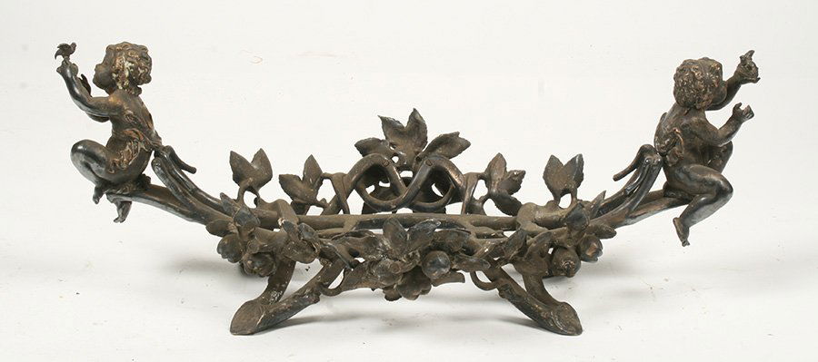 BELLE EPOQUE CHRISTOFLE BRONZE EPERGNE FRAME 1900: Belle Epoque silvered bronze epergne frame signed 'Christofle' circa 1900. The ovoid stand with entwined fruit foliage joined by handles surrounded by putti admiring birds. Ht: 8" Width: 22" Depth: 10