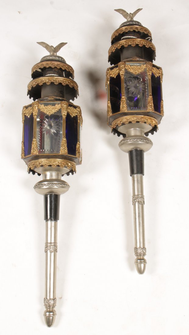 19TH C. PR VICTORIAN CARRIAGE COACH LANTERNS: A good large pair of nineteenth century Victorian carriage/coach lanterns having bronze eagle finials. Over tole and brass trimmed octagonal bodies with etched and colored panels. Ht: 36" Width: 8" De