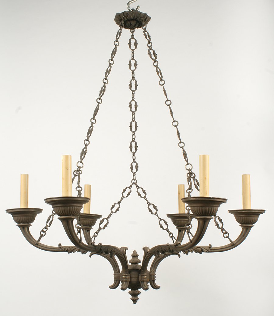 LOUIS XVI SILVERED BRONZE CHANDELIER CIRCA 1900: Louis XVI style silvered bronze six-light chandelier, the scrolled foliate branches suspended by a rosette and chains circa 1900. Ht: 32" Dia: 28"
