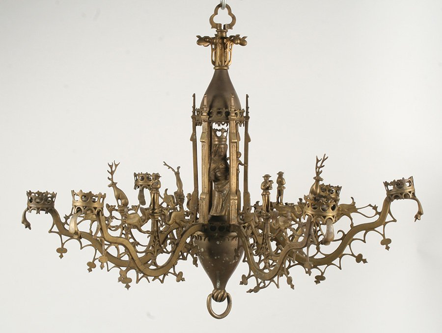 FRENCH GOTHIC GILT BRONZE 6-LIGHT CHANDELIER 1900: French Gothic gilt bronze six-light chandelier circa 1900. Each pierced branch mounted by a figure of a deer or shepherd. The stem centered by a figure of the Holy Mother and Child. Ht: 23" Dia: 28"