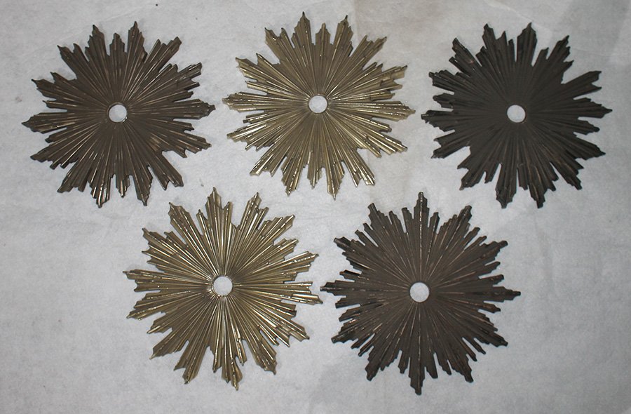 FIVE CALDWELL BRONZE CEILING MOUNTS CIRCA 1920: A lot of five marked Caldwell bronze sunburstceiling light mounts circa 1920.Dia: 14.5"