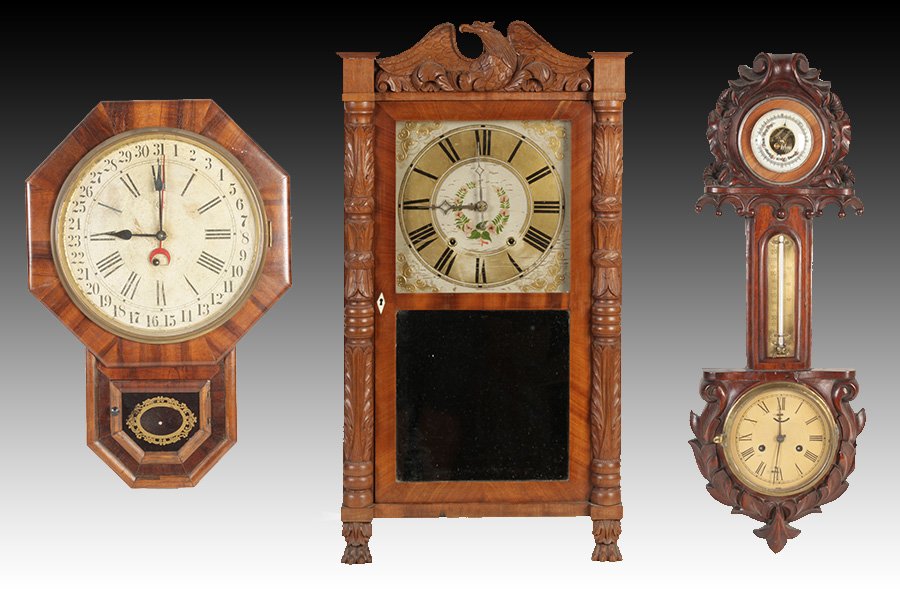 3 CLOCKS RILEY WHITING MAHOGANY MANTLE: A group of three clocks consisting of an early nineteenth century 'Riley Whiting' double weight driven carved mahogany mantle clock. Along with a carved walnut clock, barometer stick form clock and dr