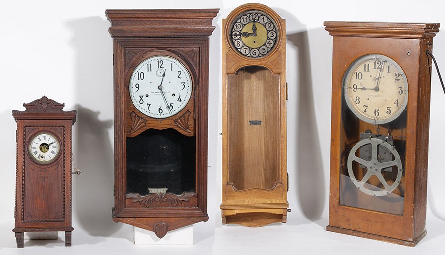 4 CLOCKS WATERBURY WALL IAGEMANN OAK SIMPLEX 1910: A group of four clocks including a Waterbury wall clock with incised line decoration, a Kaiser clock, and a J. Iagemann oak clock circa 1910. Along with an electric 'Simplex Time Recorder Co.' wall cl