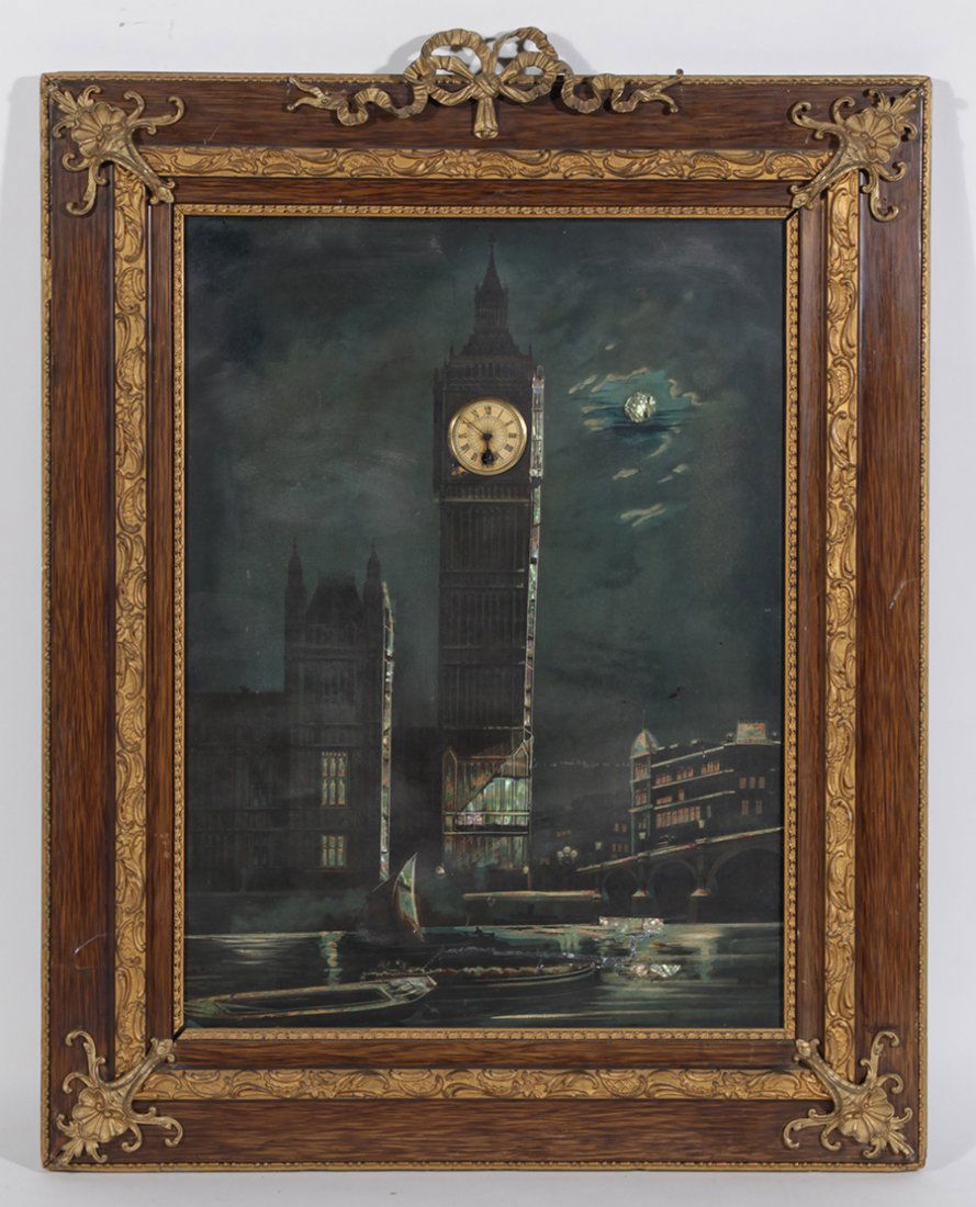 BIG BEN PAINTING CLOCK OAK FRAME 1910: An usual painting on board depicting the Tower of Big Ben having actual clock. The whole decorated with mother of pearl inlay circa 1910. Encased in an oak and metal frame. Ht: 27" Width: 21" Depth: 1