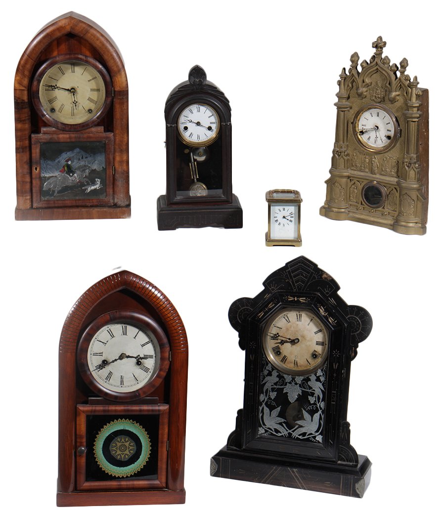 6 CLOCKS 2 BEEHIVE KROEBER MANTLE FRENCH 1890: A grouping of clocks to include two beehive clocks, a cast iron Gothic Revival clock, and a small Kroeber mantle clock circa 1890. Along with a gingerbread kitchen clock and one French carriage clock.