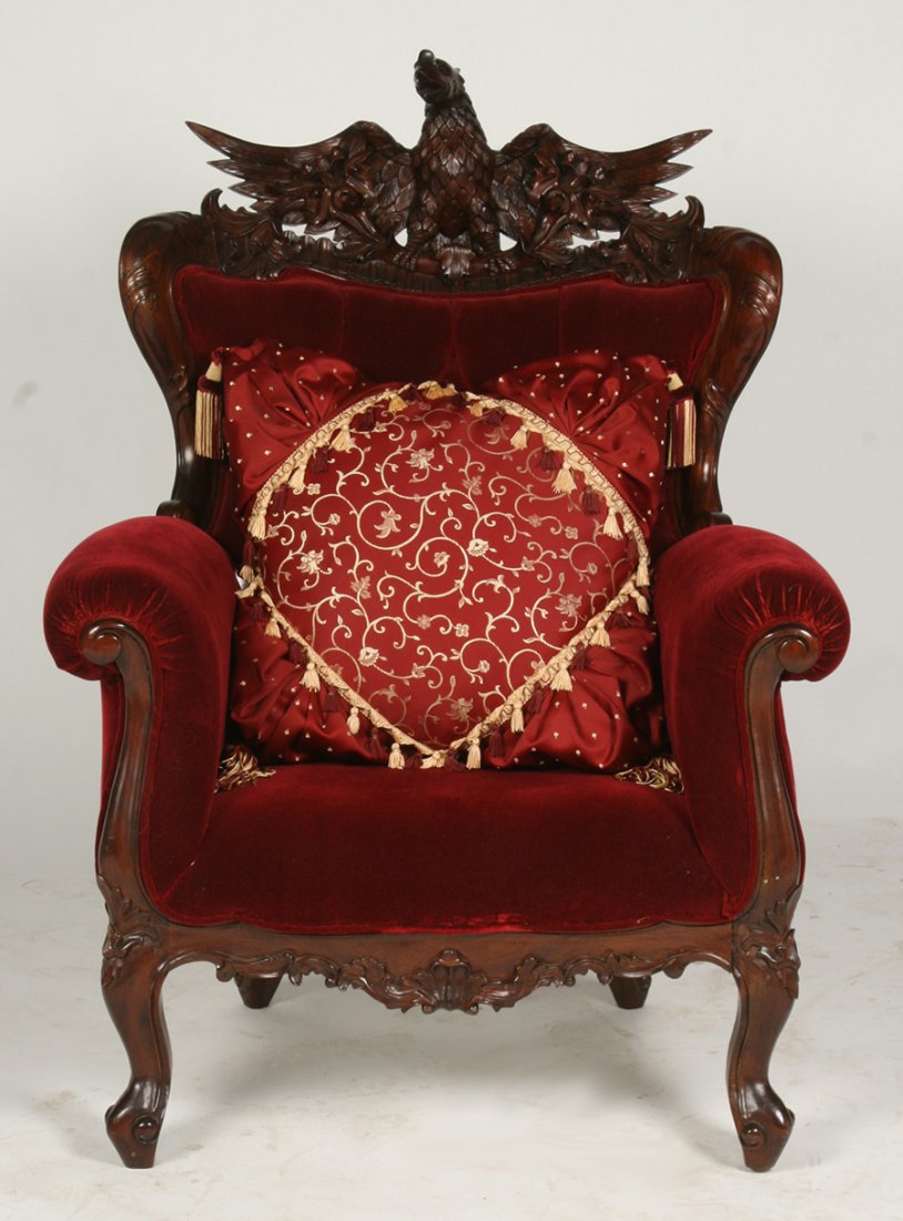 MAHOGANY VICTORIAN EAGLE CARVED UPHOLSTERED CHAIR