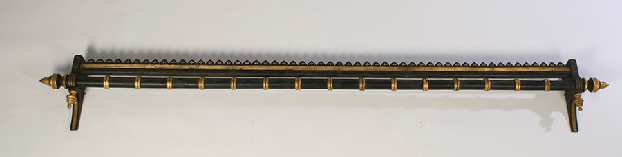 AMER. VICT. EBONIZED GILT VALENCE 1870.: American Victorian ebonized and gilt decorated valence having incised cornice and drop finials circa 1870. Ht: 12" Width: 103"
