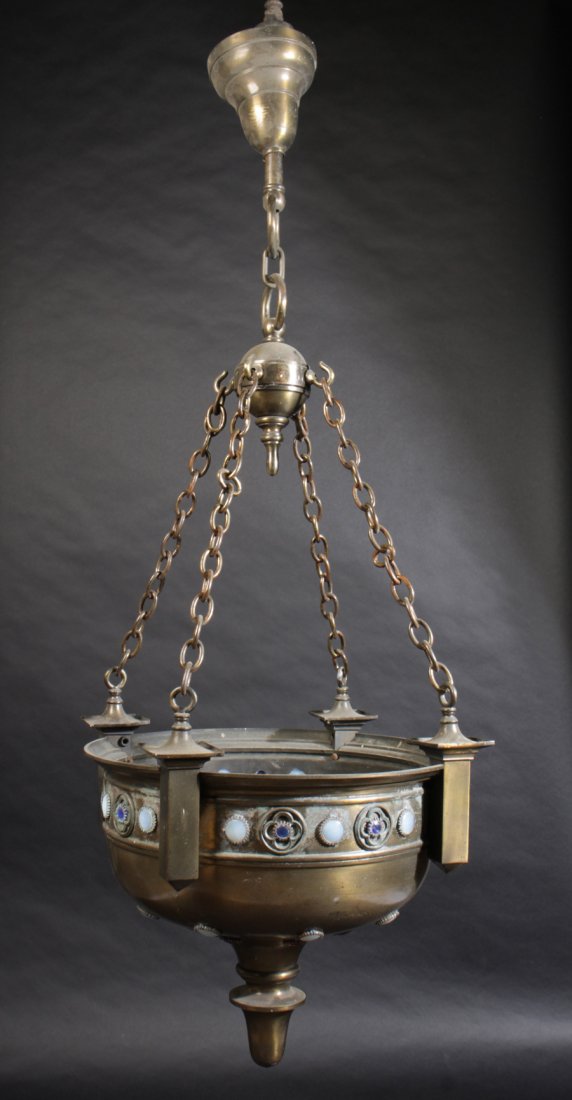 PAIR GOTHIC STYLE BRONZE HANGING LIGHTS C.1910: A pair of Gothic style bronze hanging lights having faceted jeweled glass medallions circa 1910. Ht: 59" Width: 24" Depth: 24"